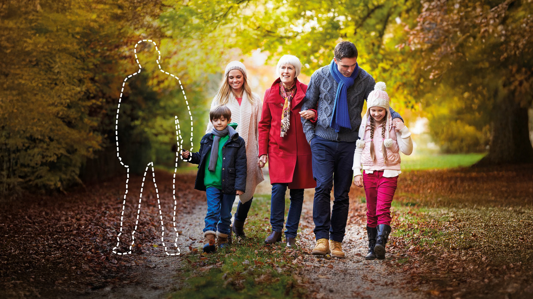 Perhe kävelyllä puistossa. Isoisä häivytetty ja kuvattu katkoviivalla viitaten kehotukseen ”Pysyä porukoissa infarktin jälkeen”.